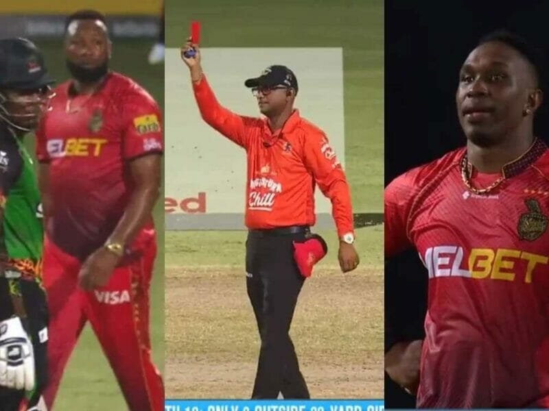 FIRST EVER RED CARD IN Cricket Sunil Narine sent off and TKR have to field with just 10 men cpl 2023 compressed - 14